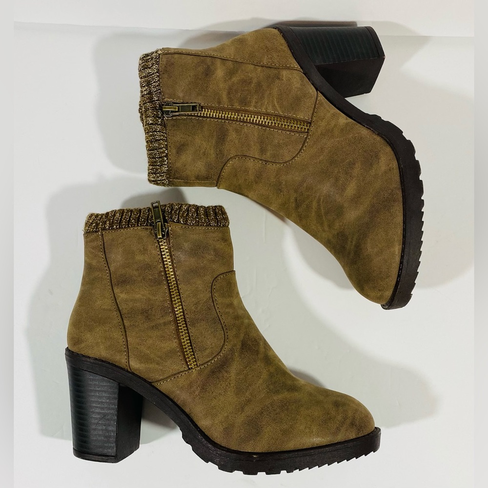 Twisted Booties Womens Size 7 Brown Shade Ankle Boots Side Zip Knit Edge Heel